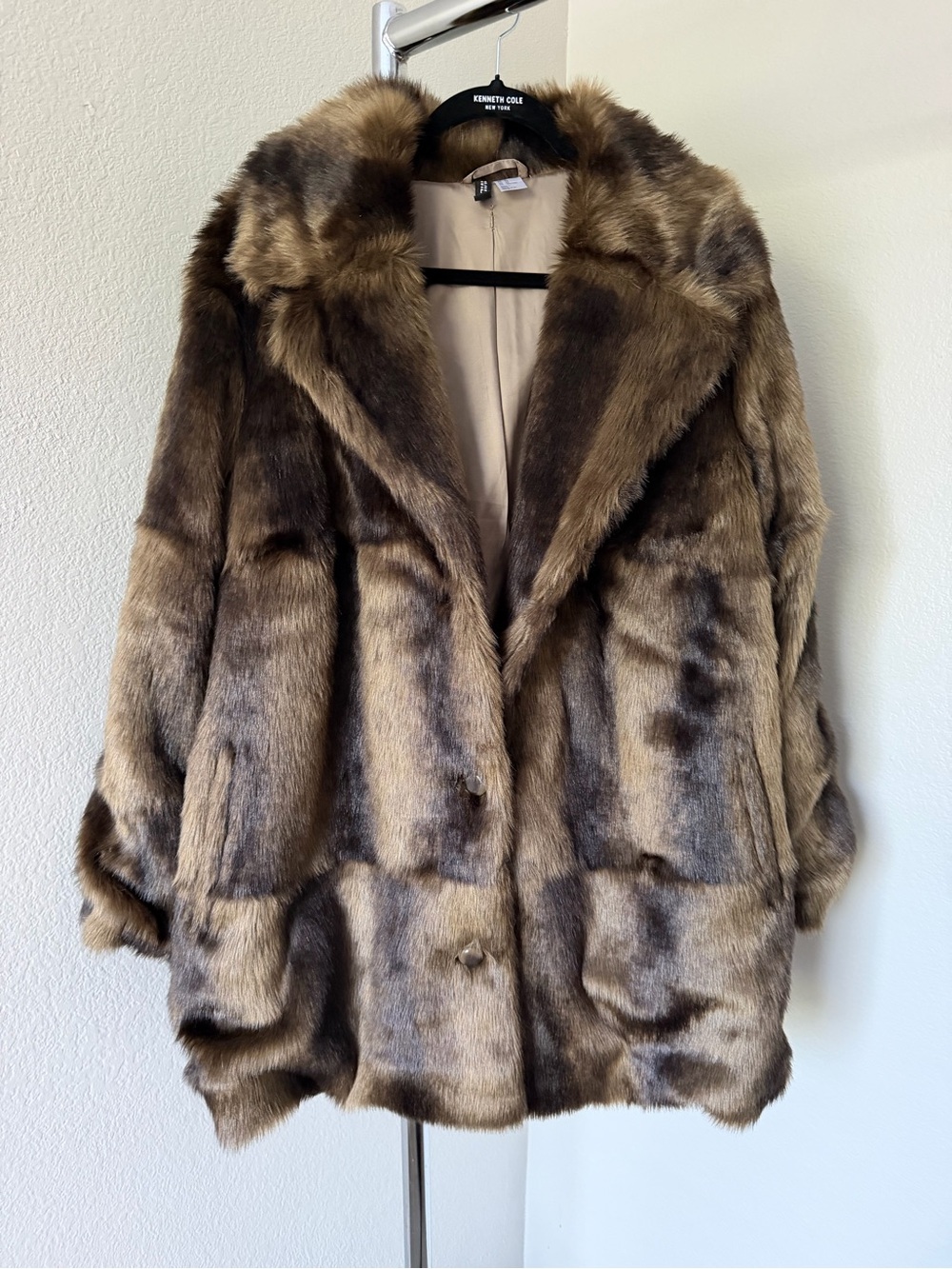 H&M Divided Brown Faux Fur Oversized Coat Jacket Size XL